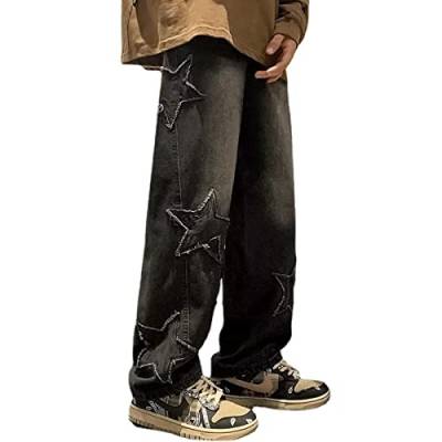 Awoyep Herren Jeans Hosen Y2K Bedruckte Baggy Hip Hop Jeans Gerades Bein Gewaschene Vintage Denim Hosen Teenager Jungen Skateboard Hosen Streetwear (Color : Schwarz, Size : S) von Awoyep