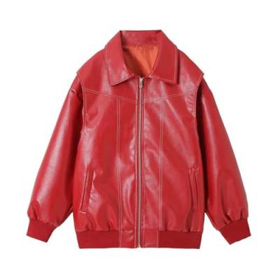 Awoyep Lederjacke Damen Oversize Lang Kunstleder Motorrad Bikerjacke PU Leather Herbst Winter Mantel Bomber Jacke Outwear Streetwear Oberteile Coat (Color : Red, Size : XL) von Awoyep