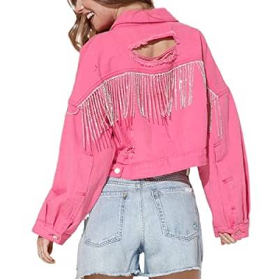 Awoyep Motorradjacke Damen Jacke Damen Vintage Bikerjacke Große Größen Übergangsjacke Kurz mit Stern Damen Jeansjacke mit Fransen Strass Langarm Ripped Jeansjacken mit Taschen (Color : Rose Red, Siz von Awoyep