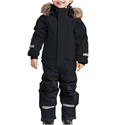 Awrvia Schneeanzug Kinder Warmes Daunenjacke Set Wasserdichter Winter Skijacke Softshell Dickere Skihose Fellkragenkapuze Winddichter Skianzug Reflektierenden Streifen Schneeoverall (140, 02-schwarz) von Awrvia