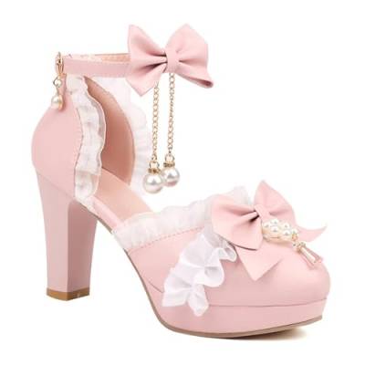 Süße Bogen Lolita Prinzessin Heels Pumps Schnall Blockabsatz Sandalen Chunky Anhänger Schuhe 9cm Hochzeitsfest-Kleid-Schuhe (Rosa,38) von BAADCUP