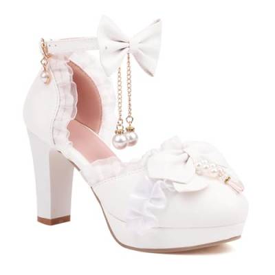 BAADCUP Süße Bogen Lolita Prinzessin Heels Pumps Schnall Blockabsatz Sandalen Chunky Anhänger Schuhe 9cm Hochzeitsfest-Kleid-Schuhe (weiß,46), WYP0176 von BAADCUP