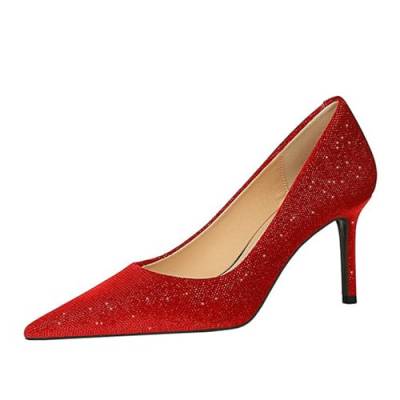 BAADCUP Damen Slingback High Heels Sexy Glitzer Pumps Pointed Toe Schuh 7/10cm Lässig Büroschuhe Dress Schuhe (rot 7cm,39) von BAADCUP