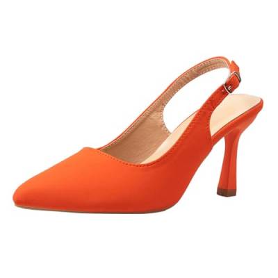 BAADCUP Damen Slingback Pumps Heels Mit Knöchelschnallen Sexy Kitten Heel Vegan Pointed Toe Schuh 7cm Hochzeit Büro Schuhe (Orange rot,37), WYP0132 von BAADCUP