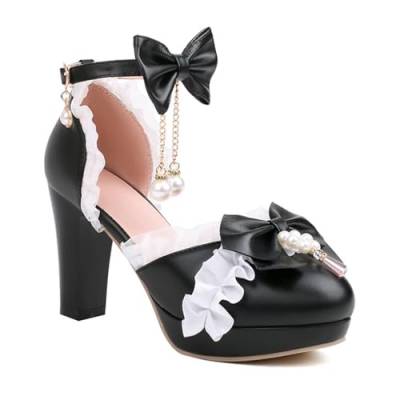 Süße Bogen Lolita Prinzessin Heels Pumps Schnall Blockabsatz Sandalen Chunky Anhänger Schuhe 9cm Hochzeitsfest-Kleid-Schuhe (schwarz,46) von BAADCUP