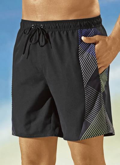 Badeshorts mit seitlichen Einsätzen, Microfaser, Schwarz-Blau-Grün, Größe 7 von BADER