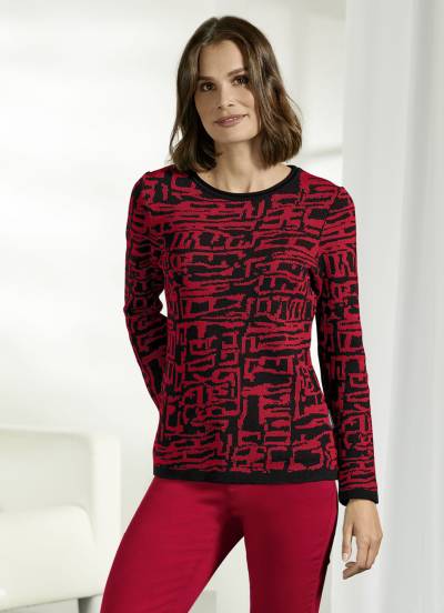 Pullover in modischem Jacquard-Dessin, Rot-Schwarz, Größe 52 von BADER