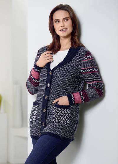 Strickjacke im Mustermix, Marine-Rot-Creme, Größe 40 von BADER