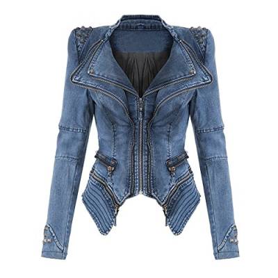 BAINASIQI Damen Vintage Nieten Jeansjacke Spike Punk Bikerjacke Reißverschluss Denim Übergangsjacke Blazer Mäntel (M, Blau) von BAINASIQI