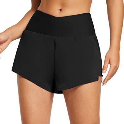 BALEAF Damen Badeshorts Bauchkontrolle UPF50+ Boardshorts Schwimmunterteil mit Taschen Badehose Schnell Trocknend Schwimmhose Hohe Taille Bikinihose StrandshortsSchwarz M von BALEAF