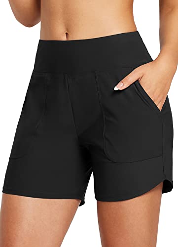 BALEAF Damen Badeshorts Bauchkontrolle UPF50+ Badehose Schnell Trocknend Schwimmhose Hohe Taille Boardshorts Schwimmunterteil mit Taschen Schwarz S von BALEAF