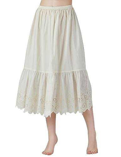 BEAUTELICATE Unterrock Damen 100% Baumwolle Vintage Petticoat Unterrock Lang Kurz Halbrock mit Spitze Stickerei Dirndl Petticoat (Anglaise Lace - Beige - 80cm, XL) von BEAUTELICATE