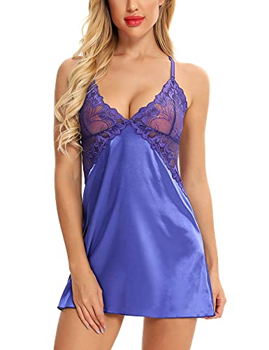 BESDEL Nachtwäsche Sexy Dessous Nachthemd Spitze Chemise Satin Slip Seide Negligé Nachthemd Braut Babydoll Lila 3XL von BESDEL