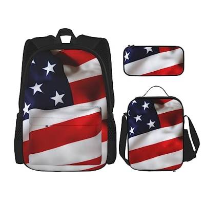 Rucksack mit amerikanischer Flagge, 3-teilig, mit Brotdose und Federmäppchen, geeignet für Jungen und Mädchen, Schwarz , Einheitsgröße, Kinderrucksack von BHCASE