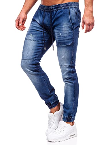 BOLF Herren Jeans Jogger Cargohose Denim Style Sweathose Jogg Used Look Jeanspants Destroyed Freizeit Casual Style Slim Fit Narrow Leg MP0078BS Dunkelblau M [6F6] von BOLF