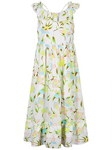 BONNY BILLY Mädchen Kleider Freizeit Blumen Sommerkleid Strandkleid Chiffonkleid Maxikleid mit Rüschen 5-6 Jahre/110-116 Weiss von BONNY BILLY