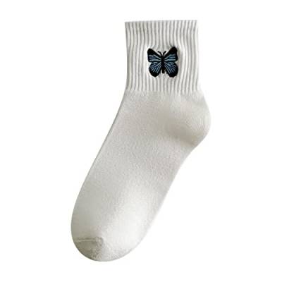 BOTCAM Damensocken aus reiner Baumwolle, Mode-Schmetterling, bestickte Strümpfe, Sportsocken Tennis Socken Schwarz (White, One Size) von BOTCAM