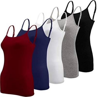 BQTQ 5 Stück Spaghetti Top Damen Unterhemd Spaghettiträger Tank Top mit Verstellbarer Strap Basic Cami Tank Top für Frauen und Mädchen, Schwarz, Weiß, Grau, Dunkelrot, Marine, L von BQTQ