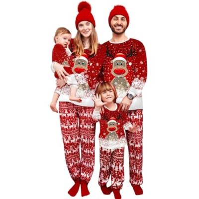 Weihnachten Familie Pyjama Set Lange Sleepwear Nachtwäsche Ärmel Niedlich Elch Druck Rundhal Sausschnitt Plaid Schlafanzug Family Loungewear Outfit Geeignet Für Damen Herren Kinder und Baby Rot von BTONGE