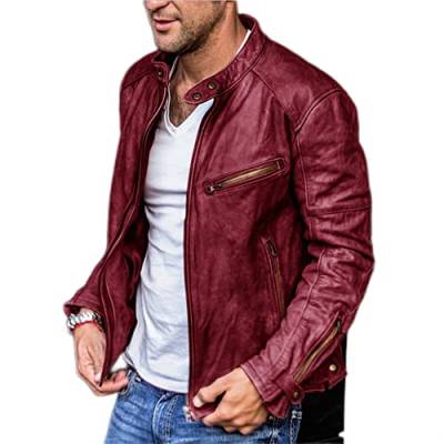 BUGGOF Casual Jacke Herren Einfarbig Frühling Herbst Lederjacke Herren Stehkragen Mehrere Taschen Motorradjacke Herren Reißverschluss Dekoration Übergangsjacke Herren C-Wine Red XL von BUGGOF