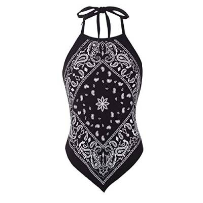 Baodan Ärmellose Sexy Paisley Bandana Halter Top Schnürhemd Bluse Backless Turtleneck Oberteile Triangle Tank Top A-Schwarz L von Baodan