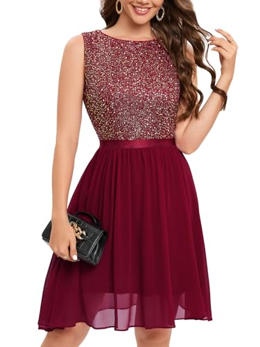 Bbonlinedress Festliches Kleid Damen Glitzer Rundhals jugendweihes Kleid Cocktail Brautkleid Pailletten Partykleid Abendkleider elegant Ballkleid Burgundy L von Bbonlinedress