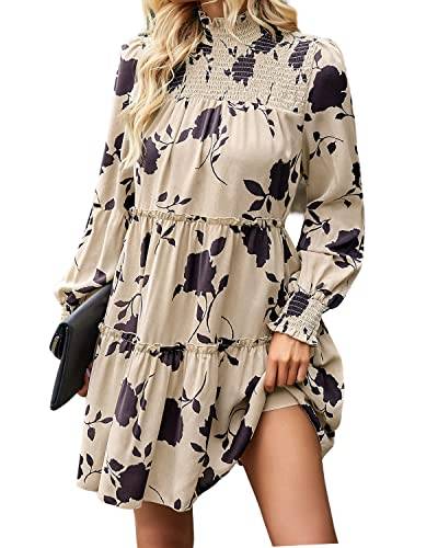 BebreezChic Damen Kleider Blumen Rollkragen Langarm Herbstkleid Lose Empire Waist Plissee A-Linie Minikleider Elegant Partykleid Strandkleid Cocktailkleid Beige L von BebreezChic