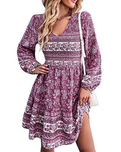 BebreezChic Damen Kleider Boho Minikleider Langarm V-Ausschnitt Tunika Vintage Hohe Taille Plissee Partykleid Strandkleider Violett M von BebreezChic