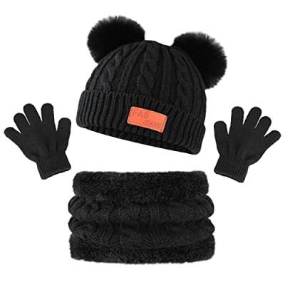 Bekecidi Kinder Mütze Schal Handschuh Set Winter Babymütze Beanie Hut Warmen Strickmütze Loop Schal Mütze und Handschuhe Kleinkind Winterschal Set Für Jungen und Mädchen 1-5 Jahre (Schwarz) von Bekecidi