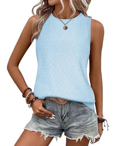 BellaDila Damen Öse Sommer Tank Top Rundhals Ärmellos T Shirt Elegant Ohne Arm Bluse Oberteile Tops 2024, Himmelblau, XL von BellaDila