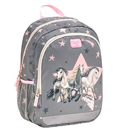 Belmil Kindergartenrucksack mit Brustgurt und Namensschild für 3-6 Jährige / Mädchen / 12 L / Krippenrucksack Kindergartentasche Kindertasche / Pferd / Pink Grau (305-4/A Star Horses) von Belmil