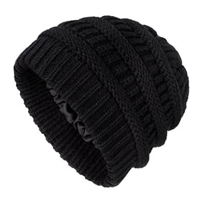 Beanie Mütze für Damen und Mädchen Winter Gestrickte Satin Gefütterte Beanie Hüte Strickmützen für Reisen Camping Skating Skifahren Outdoor Aktivitäten Schwarz von Berkelen