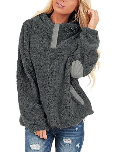 BesserBay Damen Sweatshirt Teddy Fleece Hoodie Lässig Einfarbig Kapuzenpullover Herbst Winter Fleecepullover Grau XL von BesserBay