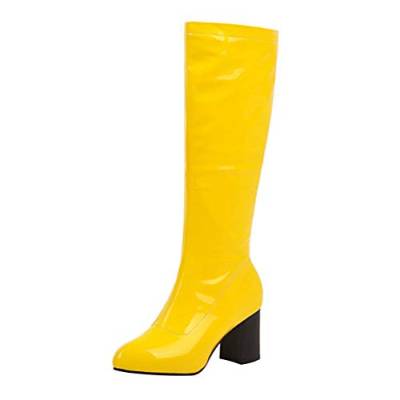 Birdsight Damen Blockabsatz Kniehoch Stiefel Lack High Heels Boots mit Reißverschluss 7cm Absatz Langschaft Stiefel(Gelb,46) von Birdsight