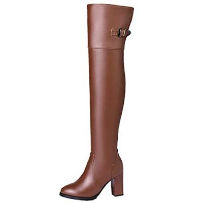Birdsight Damen Blockabsatz Overknee Stiefel High Heels mit Reißverschluss und Schnalle 8cm Absatz Lange Winter Boots (Braun,43) von Birdsight