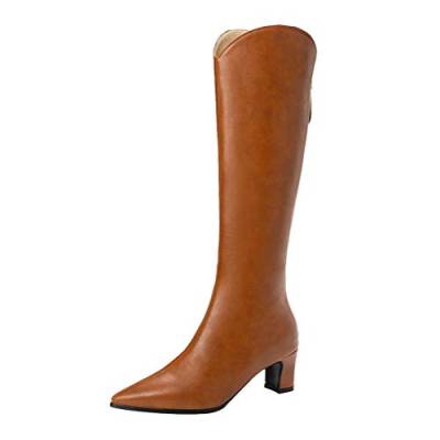 Birdsight Damen Knie High Stiefel mit Blockabsatz und Reissverschluss Hinten Spitze Stiefel Cowboy 5cm Absatz Langschaft Boots Winter Schuhe (Braun,45) von Birdsight