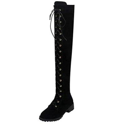 Birdsight Damen Overknee Stiefel zum Schnüren Flache Lange Boots mit Reißverschluss 3cm Absatz Bequem Winter Schuhe (Schwarz,39) von Birdsight