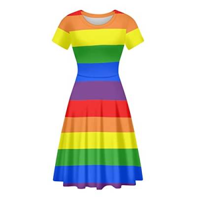 Biyejit 3D-Druck-Kleider für Damen, kurzärmelig, lässig, fließend, Swing-Kleider, Party-Flare-Kleid, Regenbogen-Flaggen-Stolz, XXXXL von Biyejit