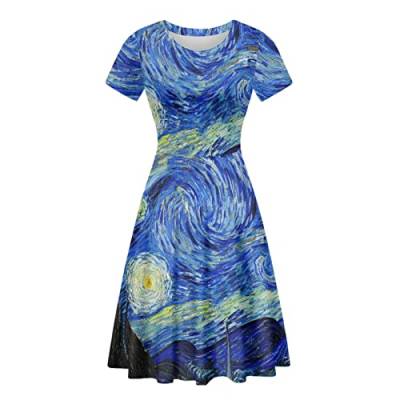 Biyejit 3D-Druck-Kleider für Damen, kurzärmelig, lässig, fließend, Swing-Kleider, Party-Flare-Kleid, Sternennacht, XX-Large von Biyejit