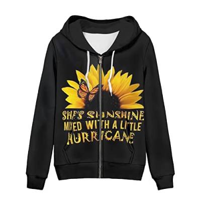 Biyejit Damen Neuheit Print Zip Up Hoodies Langarm Kapuzenpullover Sweatshirt Jacke mit Tasche, Sunflower-Black, XL von Biyejit