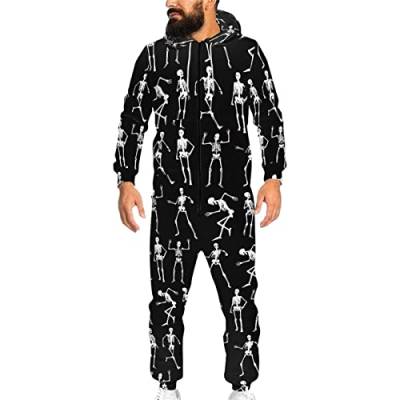 Biyejit Unisex Neuheit 3D gedruckt Einteiler Pyjama Damen Herren Kapuze Jumpsuits Erwachsene Nachtwäsche Strampler, Lustiges Totenkopf-Skelett, L von Biyejit