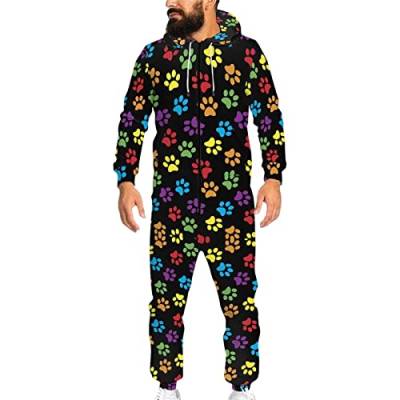 Biyejit Unisex Neuheit 3D gedruckt Einteiler Pyjama Damen Herren Kapuze Jumpsuits Erwachsene Nachtwäsche Strampler, Regenbogenfarbene Hundepfote., 4X-Large von Biyejit