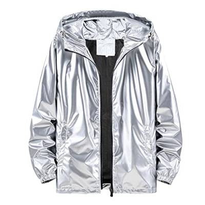 Metallische Jacke Metallisch Glänzend Bomberjacke für Herren Wasserdichte Regenjacke Leicht mit Kapuzen Outdoor Windbreaker Hiphop Langarm Bomberjacke Fliegenjacke Bikerjacke Outwear (Silver, XXXL) von Bkazwe