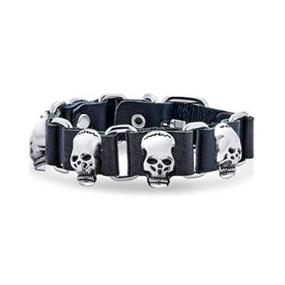 Bling Jewelry Bikerschmuck Hip Hop Goth Punk Rock Skull Heads Echtes Schwarzes Leder Nieten Nieten Edelstahl Multi Skull Heads Manschettenarmband Für Männer Teens Verstellbare Gürtelschnalle von Bling Jewelry