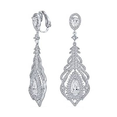 Vintage Bräutigam Art Deco Stil Cubic Zirkonia Halo Blatt Träne Long Statement Cz Kronleuchter Baumeln Clip Auf Ohrringe Für Frauen Abschlussball Silber Plattiert Messing von Bling Jewelry