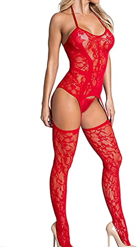 Bommi Fairy Damen Reizwäsche Spitzen Teddy Unterwäsche Strapsen Negligee Nachtwäsche Nachthemd Halfter Sling Unterwäsche Lingerie Transparente Babydoll mit Strumpfhaltergürtel-Dessous (Rot) von Bommi Fairy