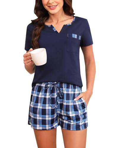 Bresdk Schlafanzug Damen Kurz Shorty Pyjama Set Baumwolle Sommer Nachtwäsche M1409 Blau XXL von Bresdk