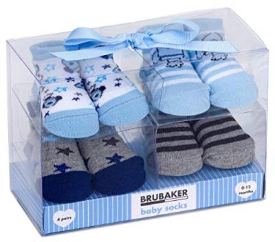 BRUBAKER 4 Paar Babysocken Jungen Mädchen 0-12 Monate - Baby Geschenkset für Neugeborene in Geschenkverpackung mit Schleife - Raketen und Sterne von BRUBAKER