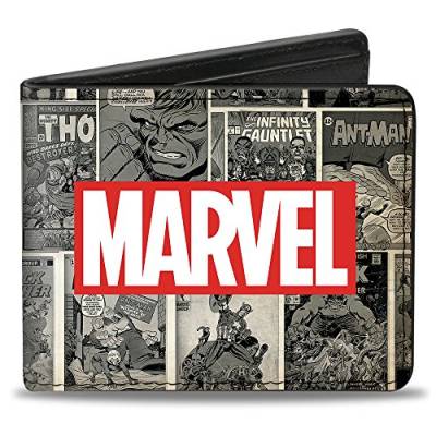 Buckle-Down Herren Marvel Logo/Retro Comic Covres/Scene Blocks Grays/Red/White Reisezubehr-Bi-Fold-Brieftasche, Mehrfarbig, Standard größe von Buckle-Down