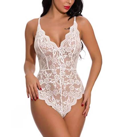 Buitifo Damen Spitze Bodysuit EIN Stück Babydoll Rückenlos Mini Teddy V-Ausschnitt Dessous(Weiß T1,M) von Buitifo